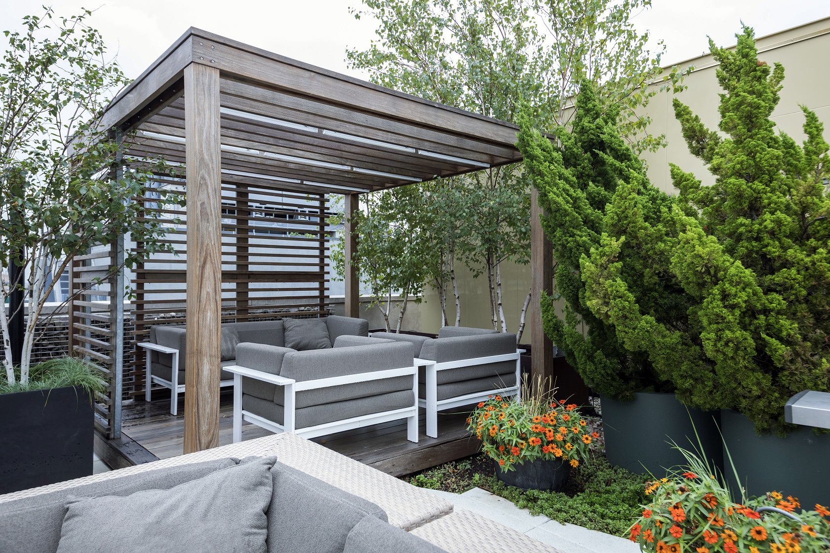 Expertly maintained specimen trees mix with perennials to encompass this sizeable outdoor rooftop, providing entertainment area