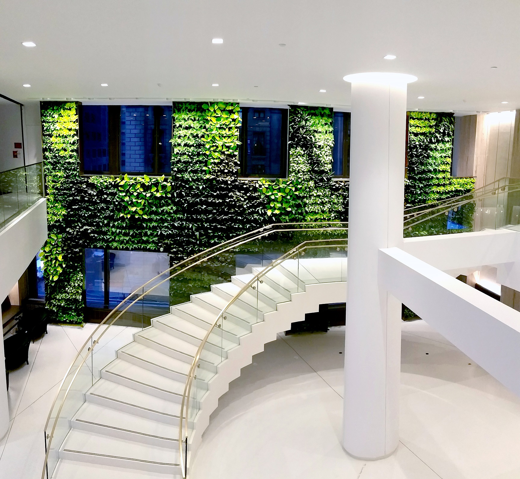 The juxtaposition of organic and rectilinear form of this living wall creates a dynamic backdrop for the centralized atrium and