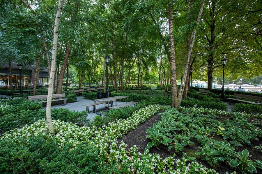This pristine landscape located in Downtown Manhattan includes an architectural hardscaped paver path, a pristine lawn area